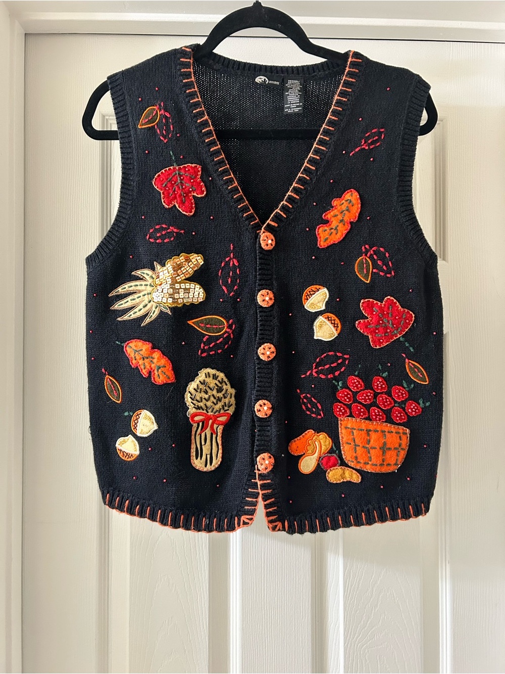 Holiday Editions Black Vest with Orange, Red and Gold Harvest Embroidery
